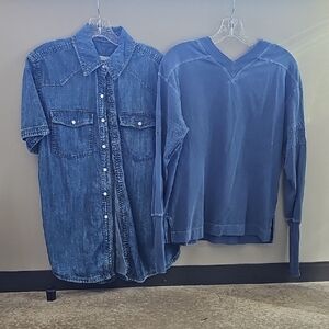 Two FREE PEOPLE Shirts Oversized Western Denim & All Star Layering Thumbholes XS